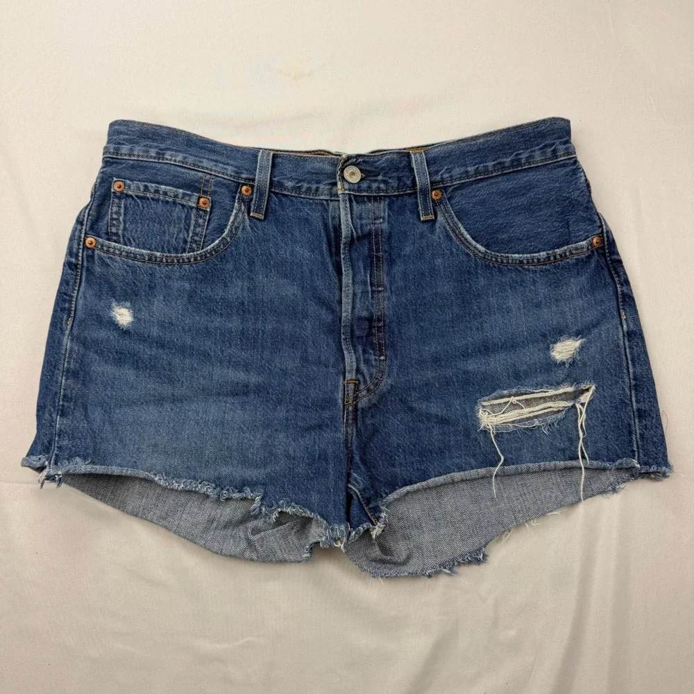Levi's 501 Original Cut Off Shorts Women Size 33 Blue Distressed Denim High Rise